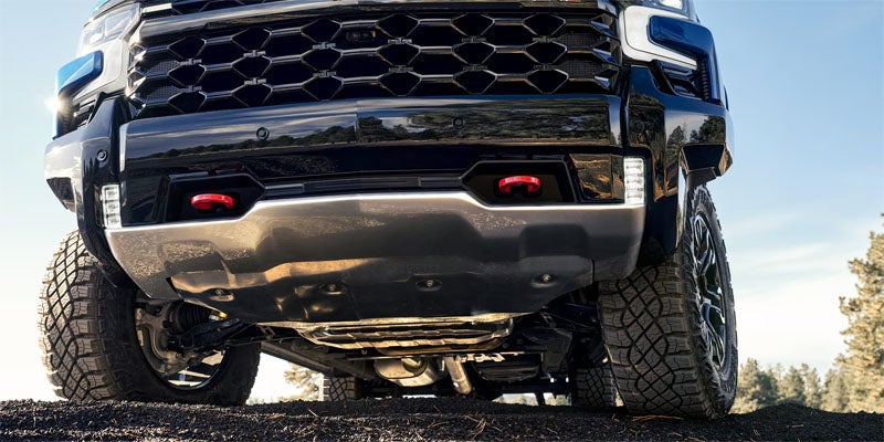 Chevrolet Silverado ZR2 front skid plate and off-road suspension view