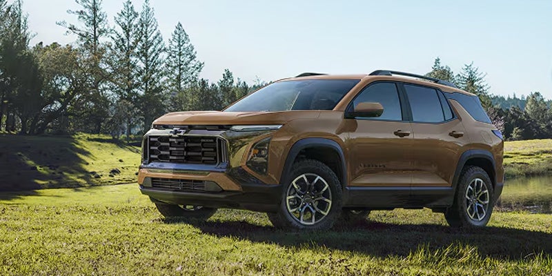 Brown Chevrolet Equinox SUV parked on a grassy landscape with trees in the background.